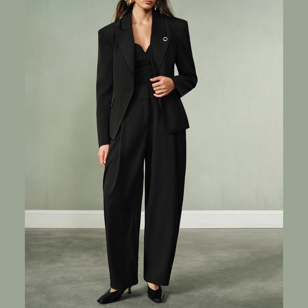 Black Notched Lapel Blazer and High Waist Pleated Barrel Wide Leg Trouser Suit